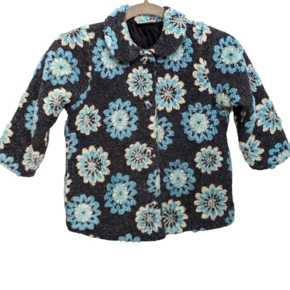Hanna Andersson Size 4 Floral Wool Button Down Coat Gray/Blue/Ivory Vintage